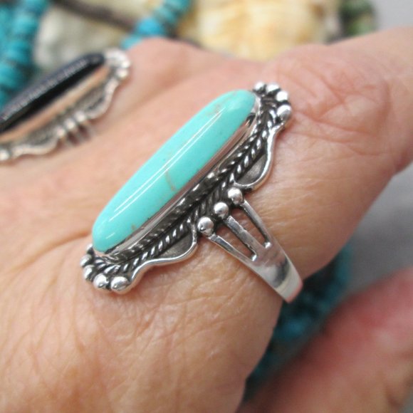 Native American 925 Sterling & Turquoise Elongated Oval Ring, Turquoise Ring - Picture 5 of 13